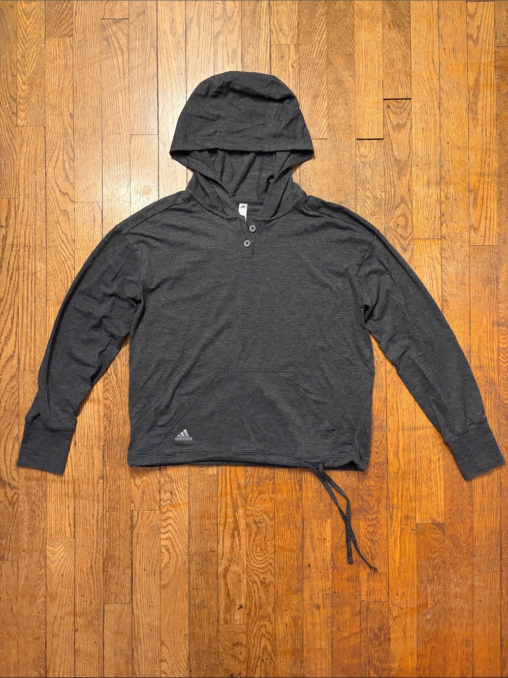 Adidas Dark Gray Hooded Pullover Sweatshirt with Drawstring Hem